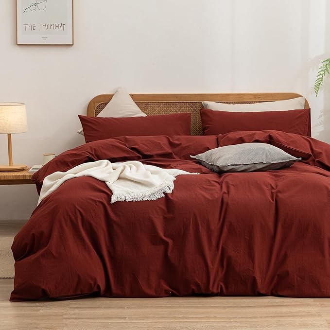 BESTOUCH Duvet Cover Set 100% Washed Cotton Linen Feel Super Soft Comfortable Chic Lightweight 3 PCs Home Bedding Set Solid Fired Brick Red Super Queen