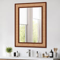 Rattan Wall Mirror with Wooden Framed 24 X 32 inch Farmhouse Rectangle Wood Mirror for Modern Decorative Bathroom, Living Room, Entryway, Bedroom (Walnut)