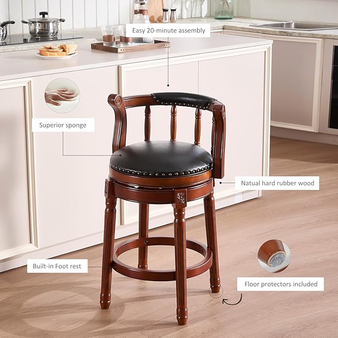 Cow top Leather Wooden Bar Stools, 360 Degree Swivel Bar Height Chair with Backs for Home Kitchen Counter, Morden Chair Barstools (Black, Counter Height-Seat Height 26”)