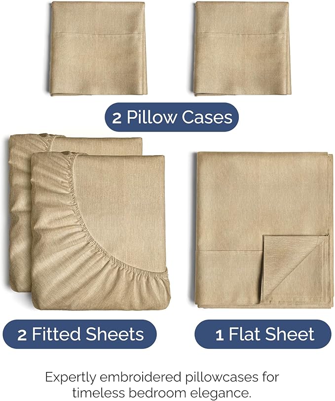 Split King Size 5 Piece Sheet Set - Comfy Breathable & Cooling Bed Sheets Set - Hotel Luxury Bedding for Women, Men, Kids, Teens, Boys & Girls - Deep Pockets & Wrinkle Free - Tan (Heathered Sheets)