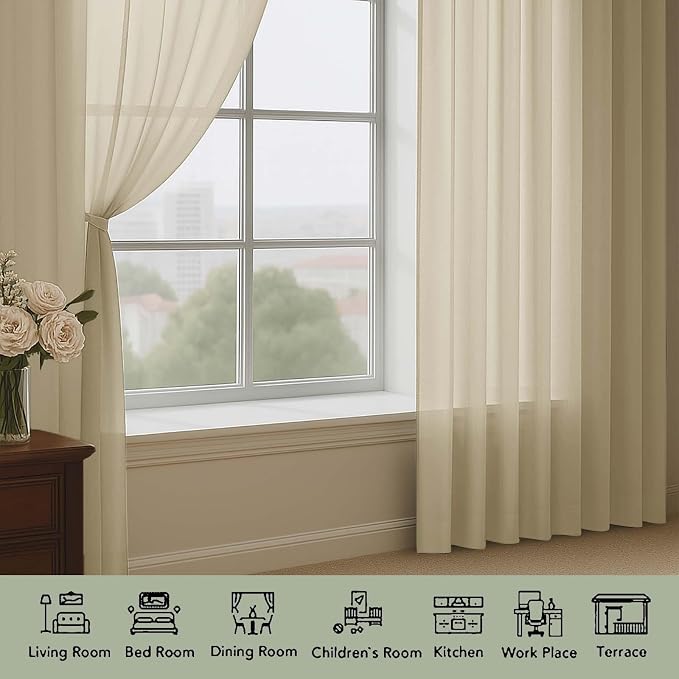OWENIE Extra Long Taupe Sheer Curtains 96 Inches Long 2 Panels Set, Soft - Image 3