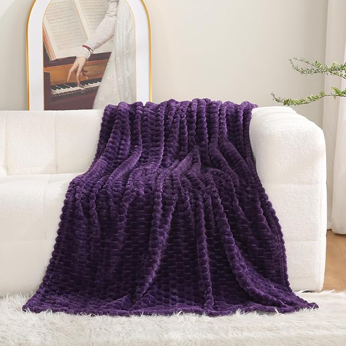 Puncuntex Deep Purple Throw Blanket 108"×90" inches Fuzzy 3D Jacquard - Image 2