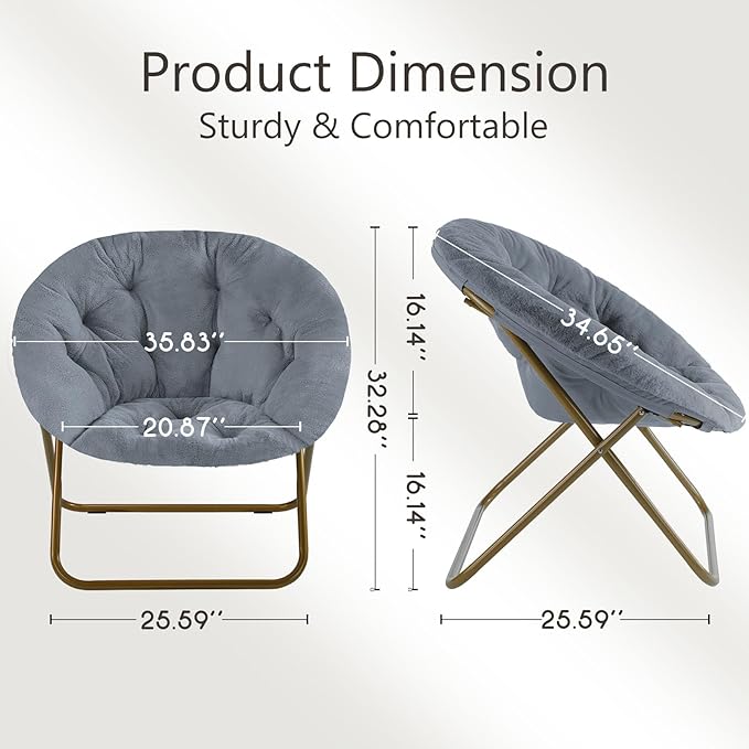 Saucer Chair Faux Fur with Soft and Thick Padded Seat Metal Frame, Modern Style Folding Cozy Chair for Bedroom, Living Room,XL, Grey
