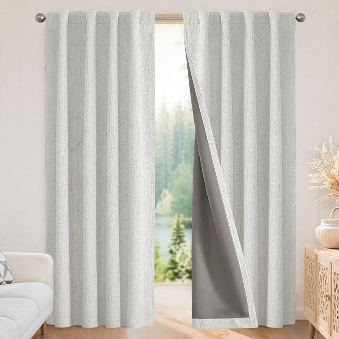 Joydeco 100% Blackout Curtains for Bedroom - Natural Linen Curtains 70" W x 108" L, Thermal Insulated 1 Panels White Light Blocking Drapes, Rod Pocket & Back Tabs, Darkening Privacy for Living Room