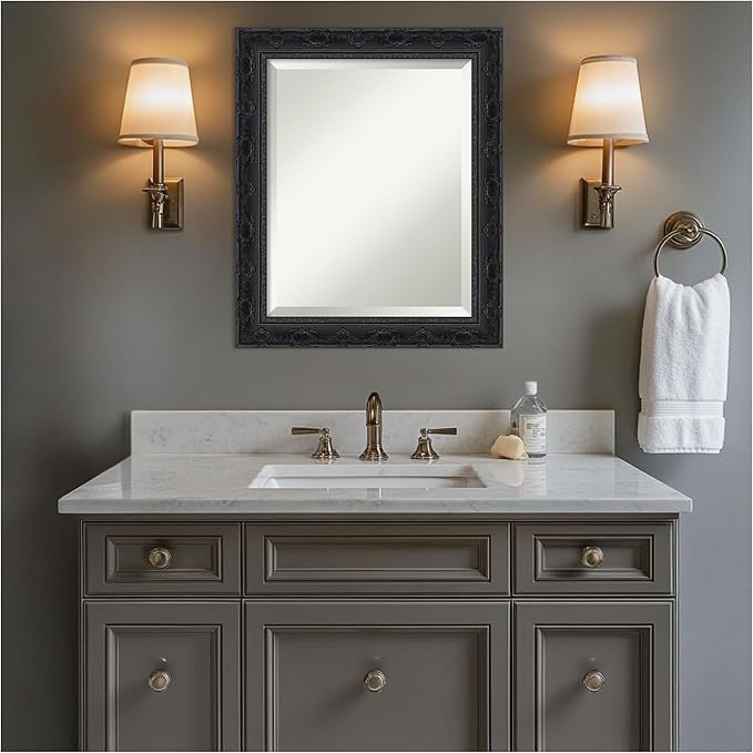 Amanti Art Bathroom Mirror for Over Sink, 25x21 Filigree Gloss Black Rectangle Vanity Mirror, Small Traditional Frame, Hangs Horizonally and Vertically, Bathroom Wall Decor, Beveled Edge