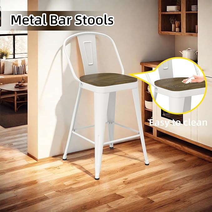 Metal Bar Stools Set of 4, High Back Bar Stools with Wooden Seat, 26 inch White Barstools for Kitchen Island