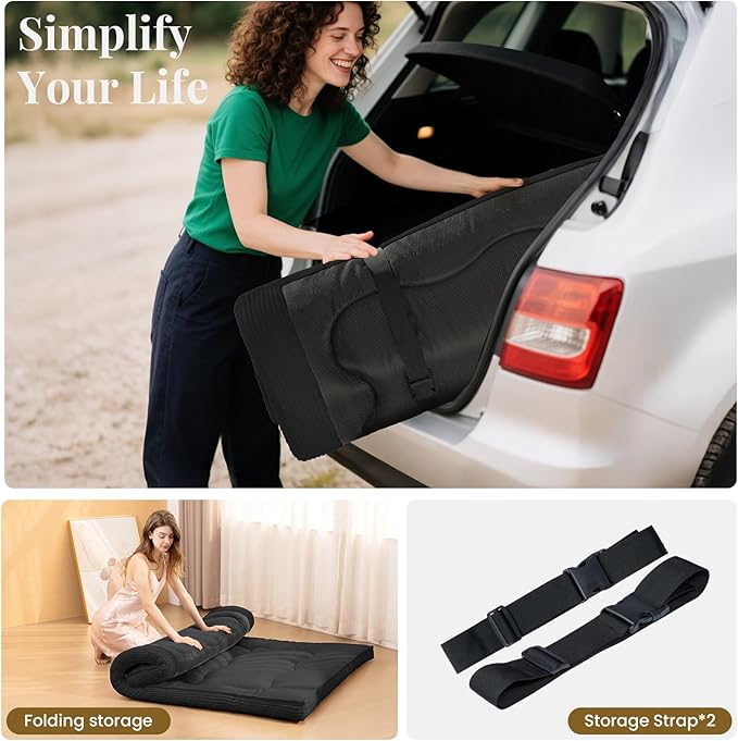 Japanese Floor Mattress, 4" Thicken Futon Mattress Queen Size Sleeping Pad, Corduroy Foldable Floor Pad, Roll Up Tatami Mat for Adults Guest Room Bedroom, Black