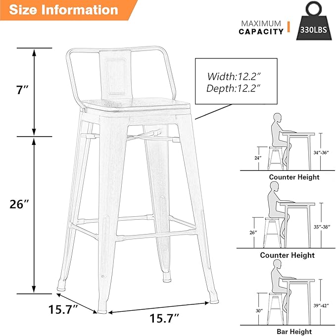 Yongchuang 26 inch Metal Bar Stools Set of 4 Counter Bar Stools Distressed Gold Black Wood Top Low Back