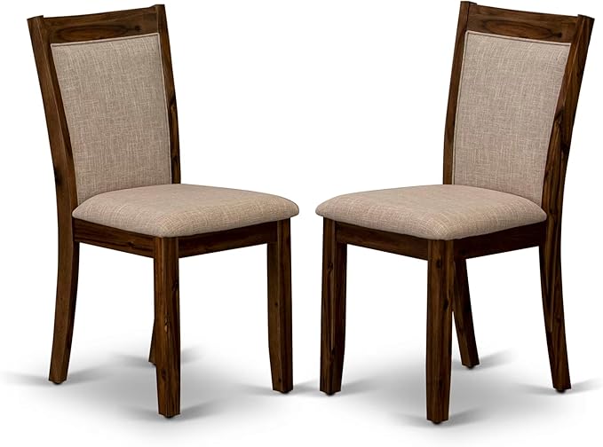 I7MZ5-50N-04 5-Pc Dining Room Set Includes a Pedestal Round Table and 4 Light Tan Polyester Fabric Padded Chairs with Padded Back - Antique Walnut Finish