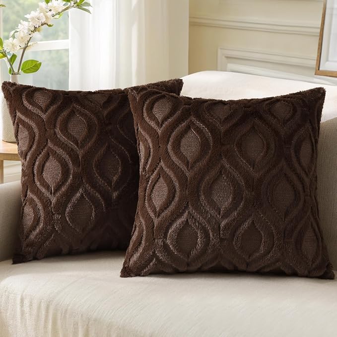 decorUhome Throw Pillow Covers 18x18 Inch Set of 2, Soft Plush Faux Wool Dark by decorUhome