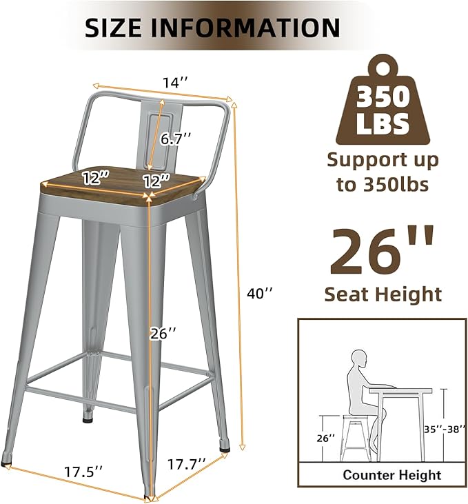 Silver Bar Stools Set of 4, Metal Bar Stools with Wooden Seat, Modern 26”Counter Height Barstools with Low Back