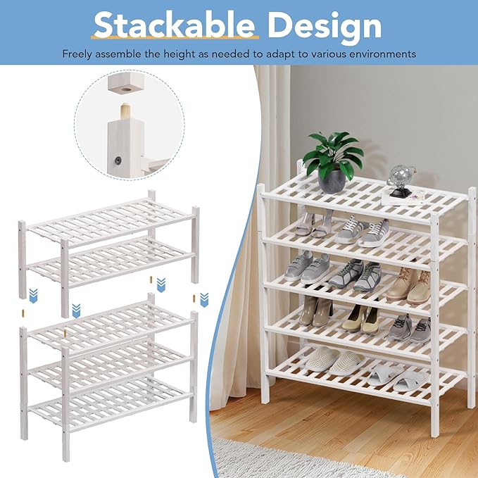 Haddockway 5 Tier Bamboo Shoe Rack Storage Organizer, Multifunctional Free Standing Stackable Shoe Shelf with Grid Panel for Closet,Hallway,Entryway,Small Space 27"x11"x32" (White, 5 Tier)