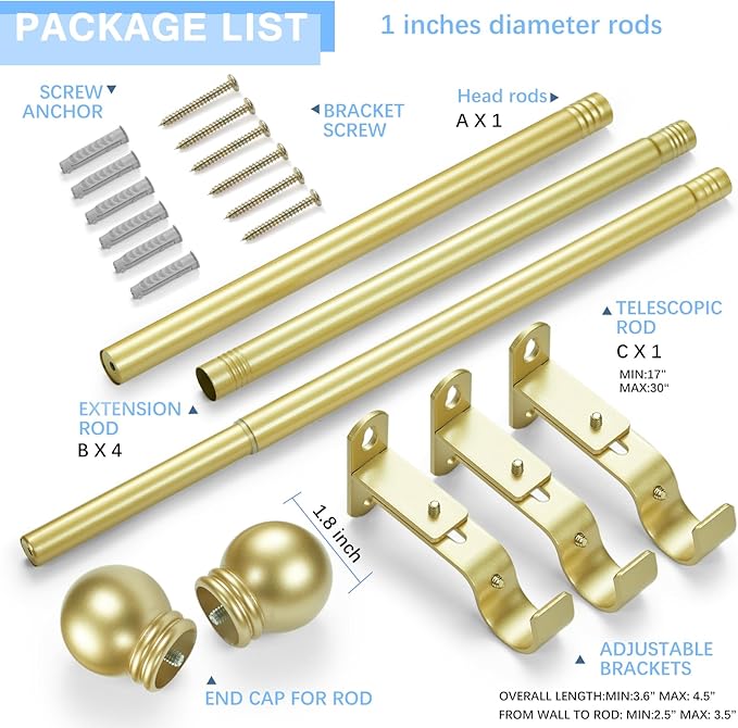 Curtain Rods for Windows 16 to 92 Inches, Curtain Rod Max Adjustable Length of 104 IN, 1" Diameter Drapery Rods Round Finials, Warm Gold, Pack of 1
