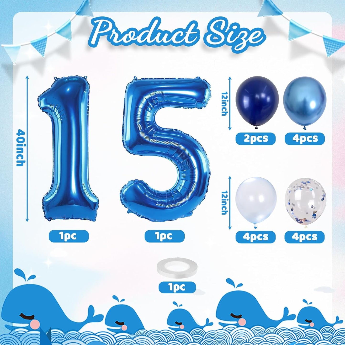 15th Birthday Balloon for Boys, Foil 40 Inch Self Inflating Number 15 Metallic Dark Blue, Navy Blue Mylar Large Balloon with Silver Confetti Latex for Men Birthday Party Decorations