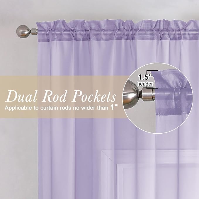 Lecloud Light Purple Sheer Curtains 84 Inches Long 2 Panels, Double Rod Pocket - Image 2