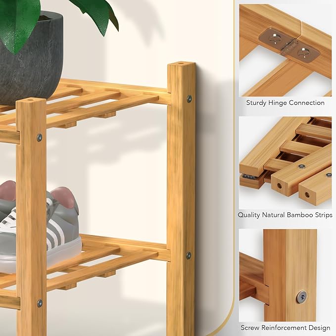 Haddockway 2 Tier Bamboo Shoe Rack Storage Organizer, Multifunctional Free Standing Stackable Shoe Shelf with Grid Panel for Closet,Hallway,Entryway,Small Space 27"x11"x13" (Natural, 2 Tier)