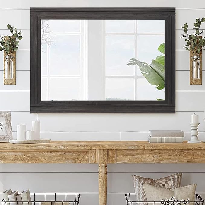 YOSHOOT Hand-Made Wooden Spliced Wall Mirror for Bathroom, Rustic Farmhouse Vanity Mirror, Décor Wall Art, Solid Wood Frame, Vertical or Horizontal Hanging