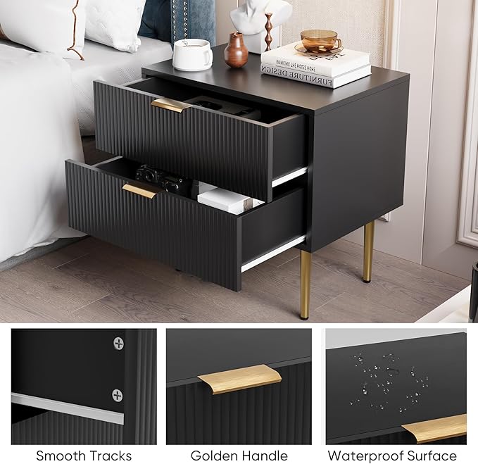 Black Nightstand for Bedroom, Fluted Night Stand, End Table for Living Room, Mid Century Modern Bedside Table with Drawers, Bed Side Table with Gold Metal Legs, Bedroom Furniture Stripe