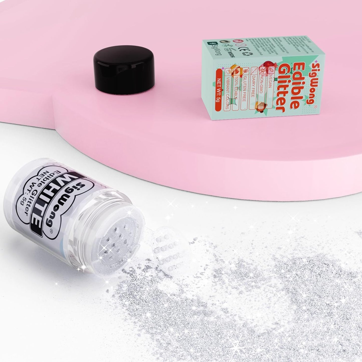 White Edible Glitter - 5g Food Grade Cake Decorating Shimmering Glitter, Edible Sprinkle Luster Dust for Drinks, Chocolates, Fondant, Strawberries, Cupcakes, Candy, Cookie - Vegan