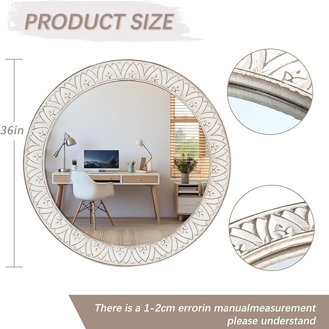 Mirror Round Wood 36 Inch Farmhouse Wood Frame Round Mirror Rustic Large Decorative Wall Mount Bathroom Mirror Antique Hanging Mirror for Living Room, Bedroom, Entryway