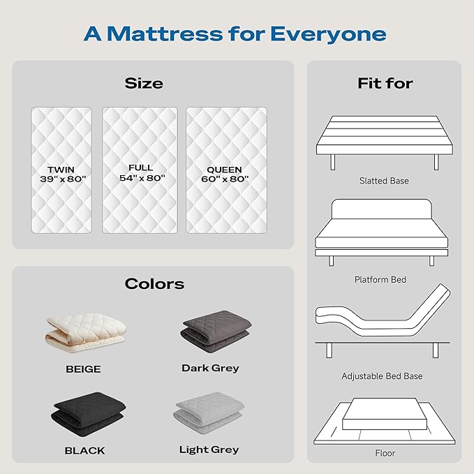 Japanese Floor Futon Mattress, Roll Up Tatami Mat, Sleeping Pad, Shikibuton, CertiPUR-US Certified Foam Floor Bed Mattress for Sleeping, Dormitory, Guest Bed, Designed in Japan(Grey, Full)