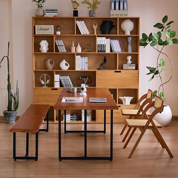 Solid Wood Administrative Desk, Dining Table with Durable Metal Legs, Uniquely Designed Leisure Table, Perfect for Restaurants and Home Offices, (Wood Brown, 62.99in)