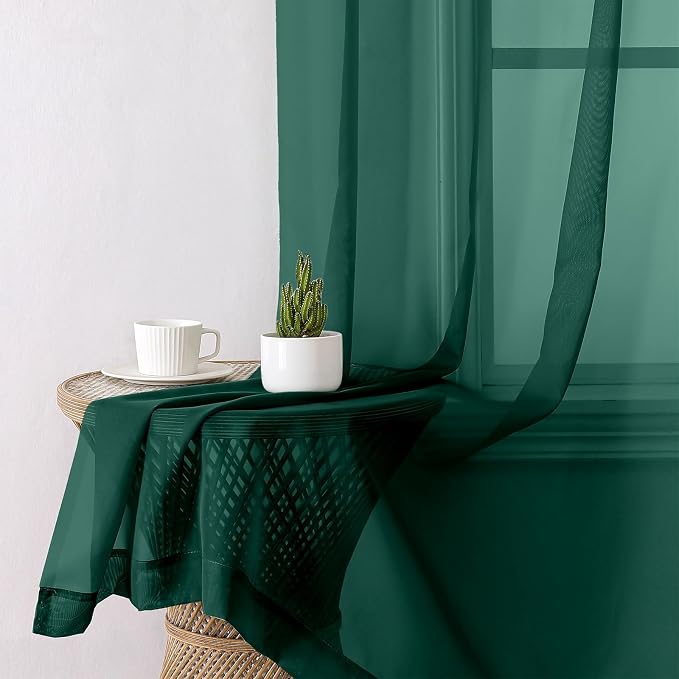 Lecloud Hunter Green Sheer Curtains 63 Inch Length 2 Panels Set, Voile Solid - Image 3