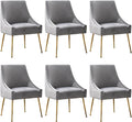 Modern Velvet Dining Chairs Set of 6, Contemporary Upholstered Furniture Collection with Polished Gold Metal Legs, Elegant Accent Chairs for Kitchen Living Room(Grey)