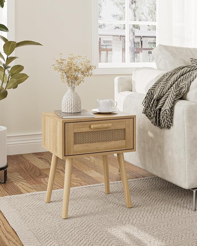 Rattan Nightstand, Small Night Stand, Side Table with Drawer Open Shelf, Cane Accent Bedside End Table with Wood Legs, Bohemian Wood Nightstand for Bedroom, Oak (Bohemian)