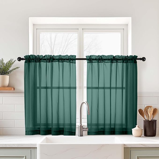 Green Sheer Curtains Tier 30 Inches Length 2 Panels, Light Filtering by Home