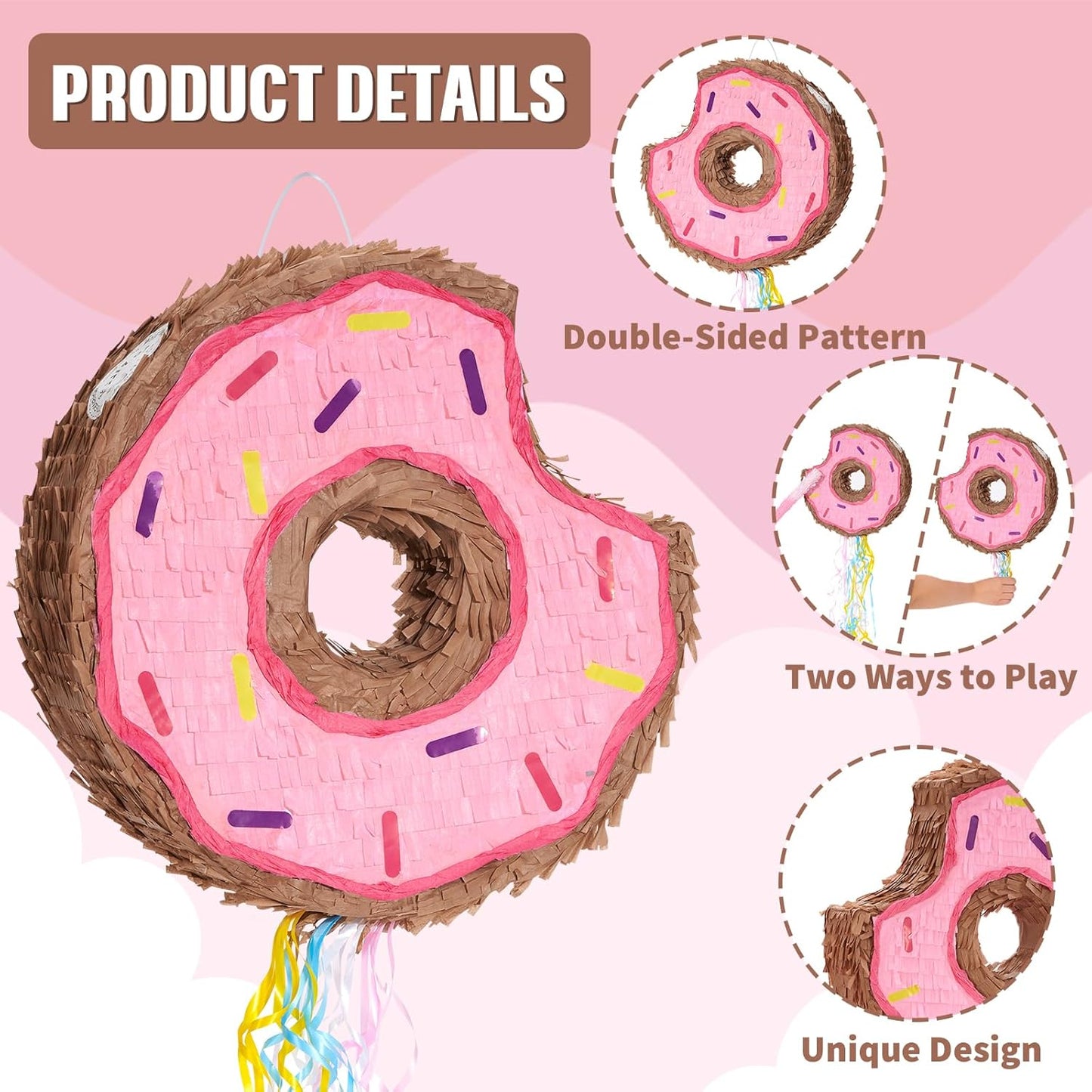 WERNNSAI Donut Piñata - Pink Donut Pinata with String Birthday Partyn Decorations Piñata with Stick Blindfold for Girls Kids Dount Pull String Pinata Family Games Birthday Party Supplies