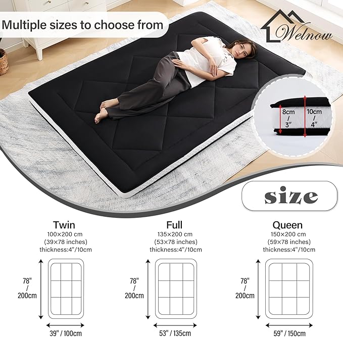 Welnow Japanese Futon Floor Mattress, Thick Full Size Tatami Mat Portable & Foldable Roll Up Floor Bed Mattress with Storage Bag, Sleeping Pad for Adults, Dorm, Guest Bed, Camping and Travel, Black