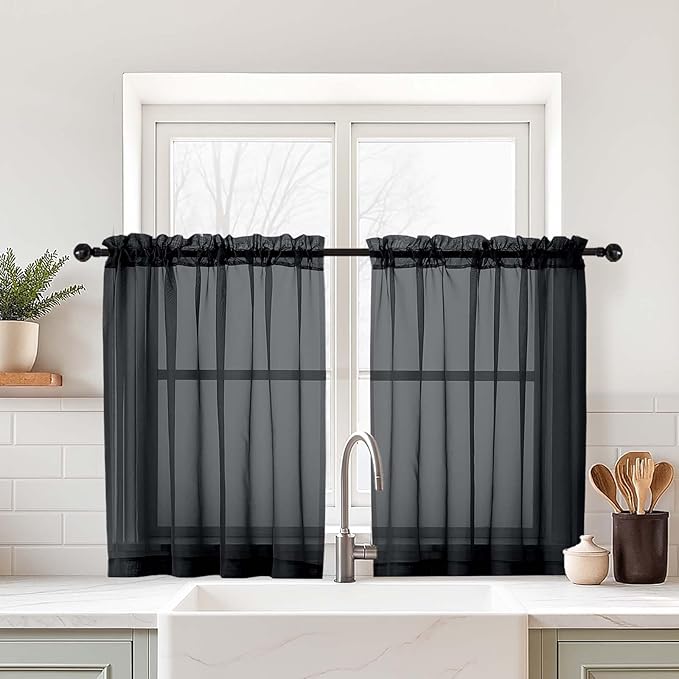 Black Sheer Curtains Tier 30 Inches Length 2 Panels Set, Light Filtering by Home