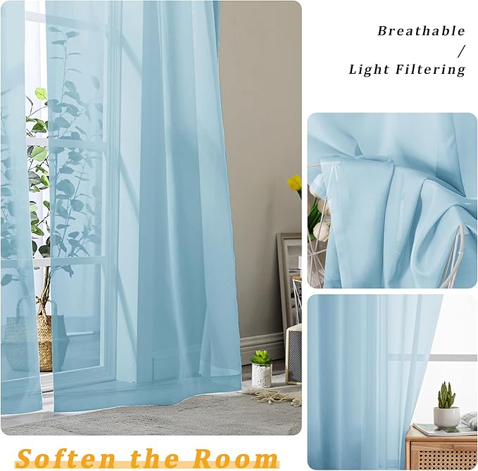 Gwine Sky Blue Sheer Curtains 90 Inches Long 2 Panels Set, Light Filtering - Image 3