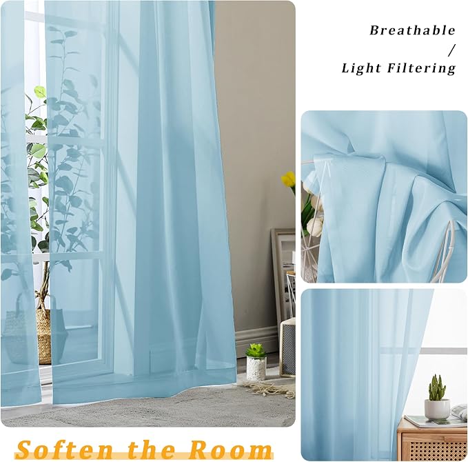 Gwine Sky Blue Sheer Curtains for Bedroom 54 inches Long 2 Panels, Light - Image 3