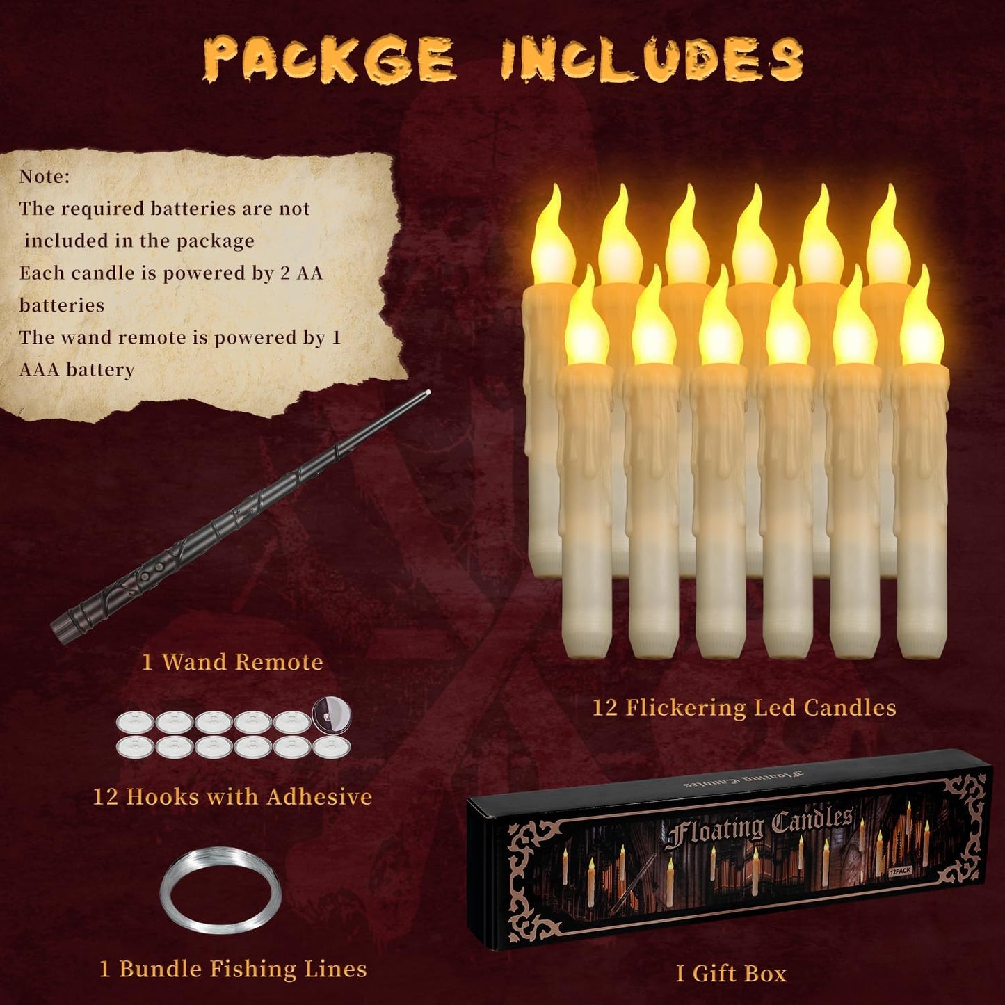 Floating Candles with Wand Remote, Magic Floating Halloween Candles, Flameless LED Flickering Witch Decor Hanging Candles for Halloween Christmas Birthday Party Room Ceiling Decorations, Pack of 12