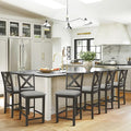 Upholstered Counter Height Bar Stools Set of 6, Modern Kitchen Island Barstools Chairs with Cross Back and Wood Legs for Dining Room Bar, Dark Grey