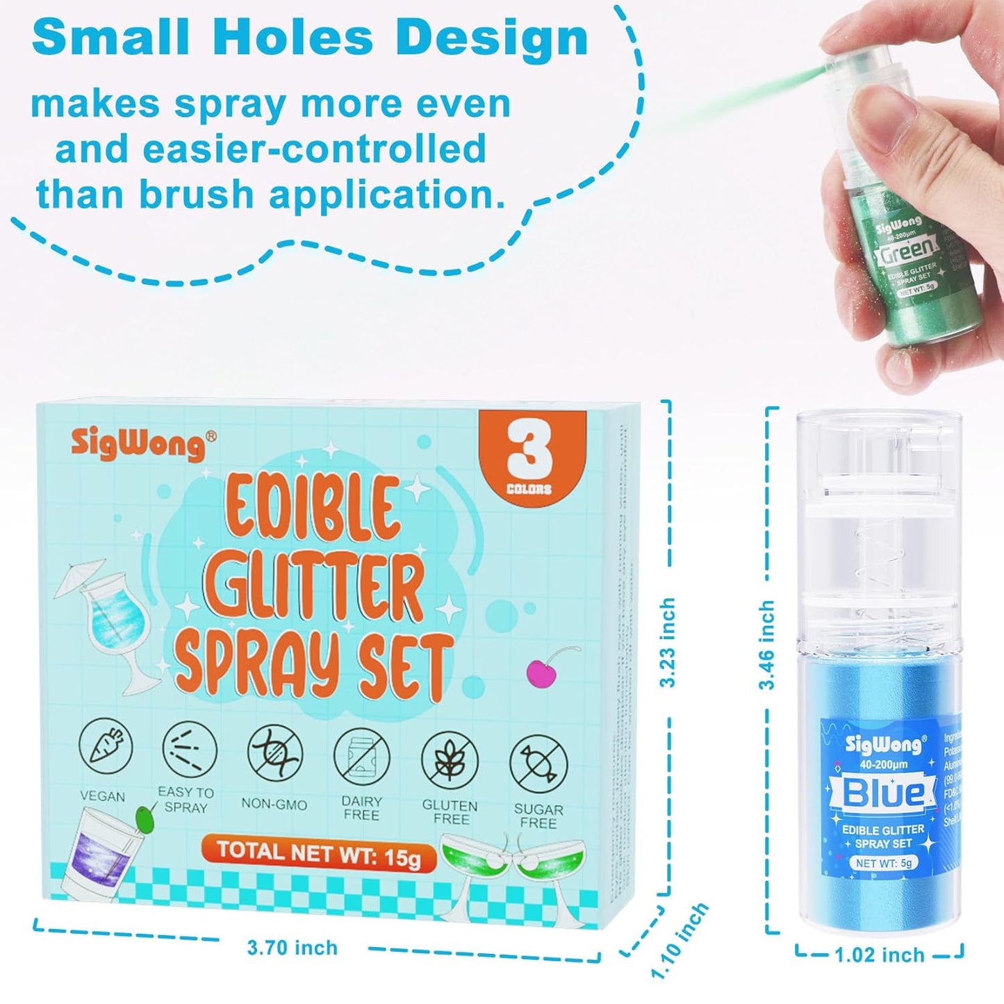 Edible Glitter Spray Set - 3 Color 100% Edible Glitter for Cakes, Cupcakes, Cake Pops, Drinks, Chocolate, Strawberries, Cookies, Food Grade Coloring Glitter, Blue, Purple, Green (5g/Bottle)