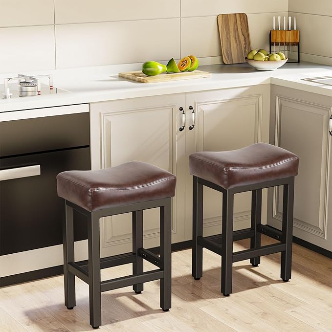 Counter Height Bar Stools Set of 3, 24 Inch Barstools for Kitchen Island Counter, Bonded Leather Kitchen Stools with Saddle Seats & Metal Base, Easy Assembly, Black