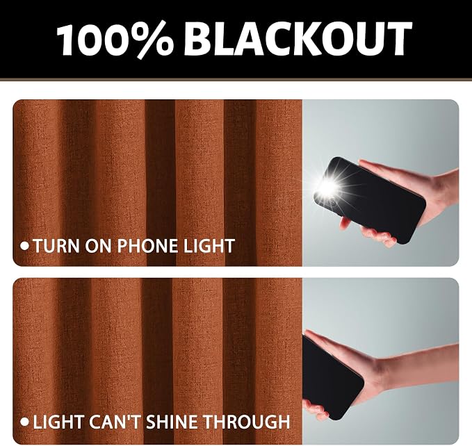 Yakamok Burnt Orange Linen Curtains 100% Blackout 96 Inches Long, Room - Image 2