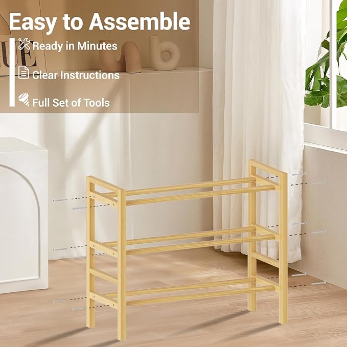 Haddockway Bamboo Shoe Rack for Closet, Free Standing Shoe Organizer with Smooth Round Rods & Convenient Handles, Stackable Shoe Storage Shelf for Entryway, Hallway(Natural, 3-Tier(Small))
