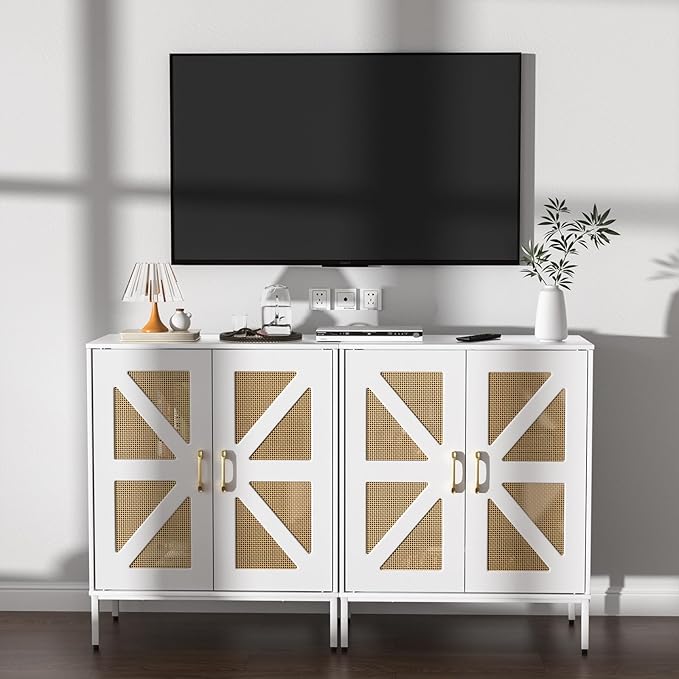 Buffet Cabinet with Storage Sideboard Accent Modern Credenza with Doors & Shelves 32.9" Tall Media Console Mid Century Coffee Bar Table for Living Room Kitchen Dining Room Hallway，White
