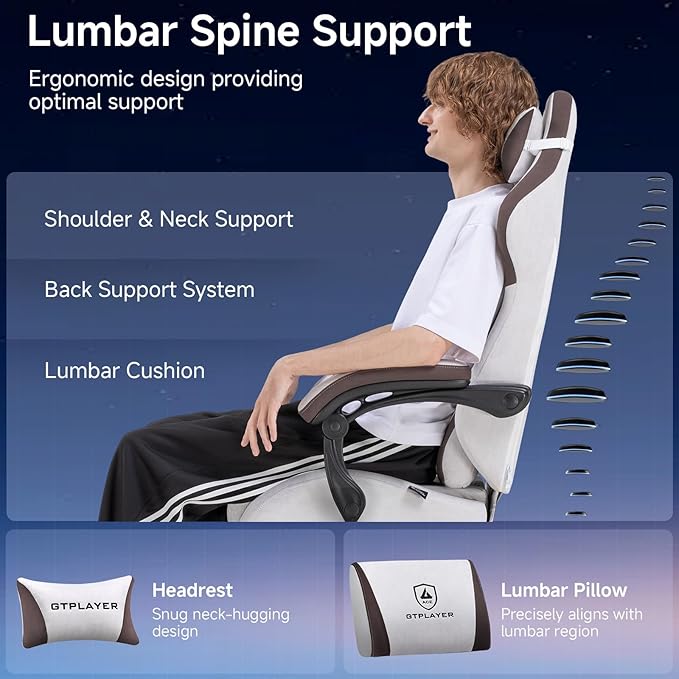 GTPLAYER Gaming Chair, Video Game Chairs with Footrest and Lumbar Support, Computer Chair for Adults with Extended Backrest, Ergonomic Reclining Silla Gamer, Fabric, Brown