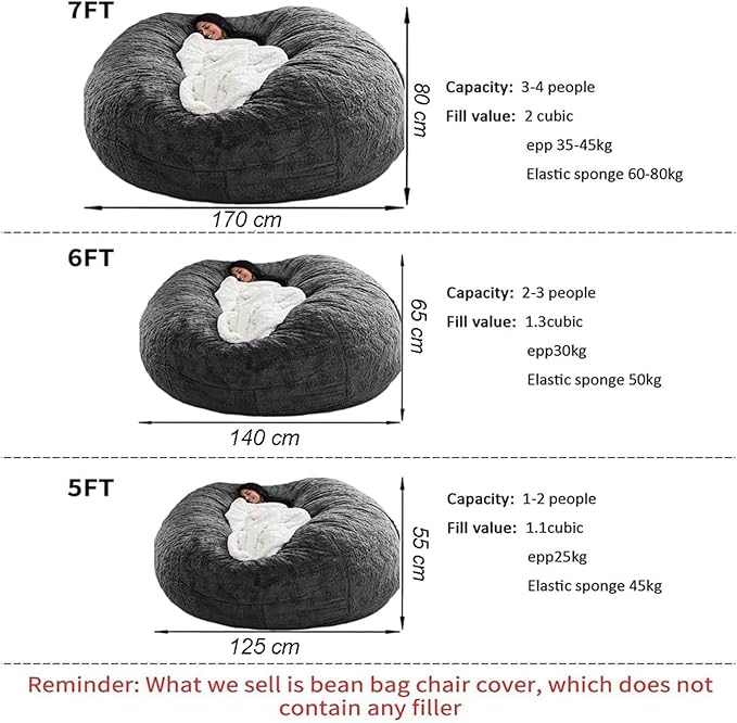 BCU 6FT Bean Bag Chair for Adults and Kids Without Filler Giant Stuffed Animal Storage Cover Soft Faux Fur Floor Chair Cover for Bedroom Living Room, Multicolored