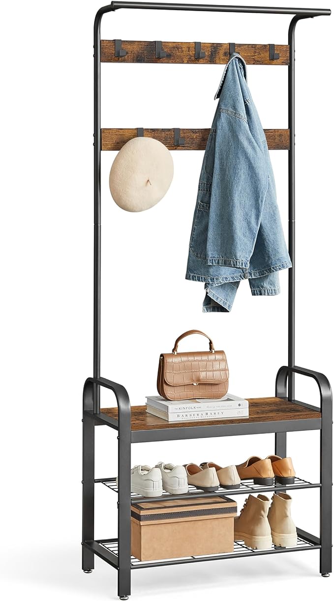 VASAGLE 6-Tier Bookshelf, Tall Display Shelf, Freestanding Storage Shelf, Rustic Brown ULBC61BX Coat Rack, Hall Tree with Shoe Bench for Entryway, Rustic Brown and Black UHSR40B