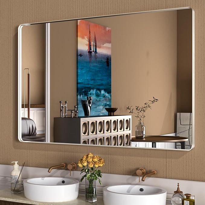 WEER 60X36 Inch Brushed Nickel Bathroom Mirror, Brushed Silver Metal Frame Mirror, Rounded Rectangle Silver Bathroom Vanity Mirror, Tempered Glass, Anti-Rust, Hangs Horizontally or Vertically