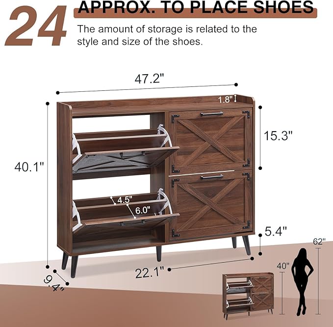 Shoe Storage Cabinet,Farmhouse Shoe Organizer with 4 Flip Drawers & Barn Door Design,Freestanding Hidden Slim Narrow Shoe Rack Cabinet for Entryway,Foyer,Hallway,Walnut