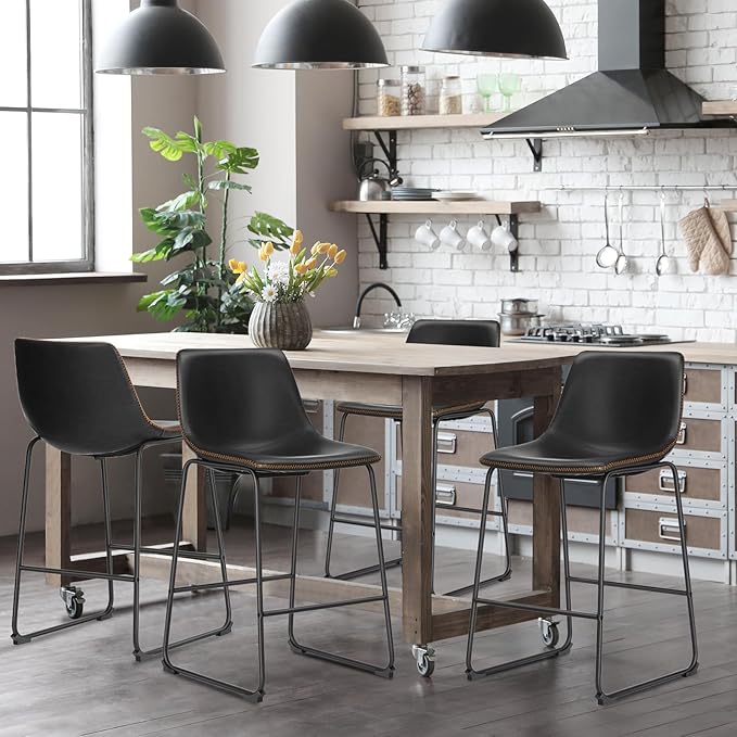 DUMOS 26 Inch Counter Height Bar Stools Set of 4, Modern Faux Leather High Barstools with Back and Metal Leg, Bar Chairs for Kitchen lsland, Black