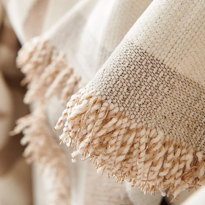 STACYPIK Boho Khaki White Cream Sofa Cover for Sofas Chenille Triangle Couch Cover Reversible Furniture Covers for 3-4 Cushion Couch L Shaped Couch Cover for Dogs Cats Non-Silp Loveseat Cover-91X150IN
