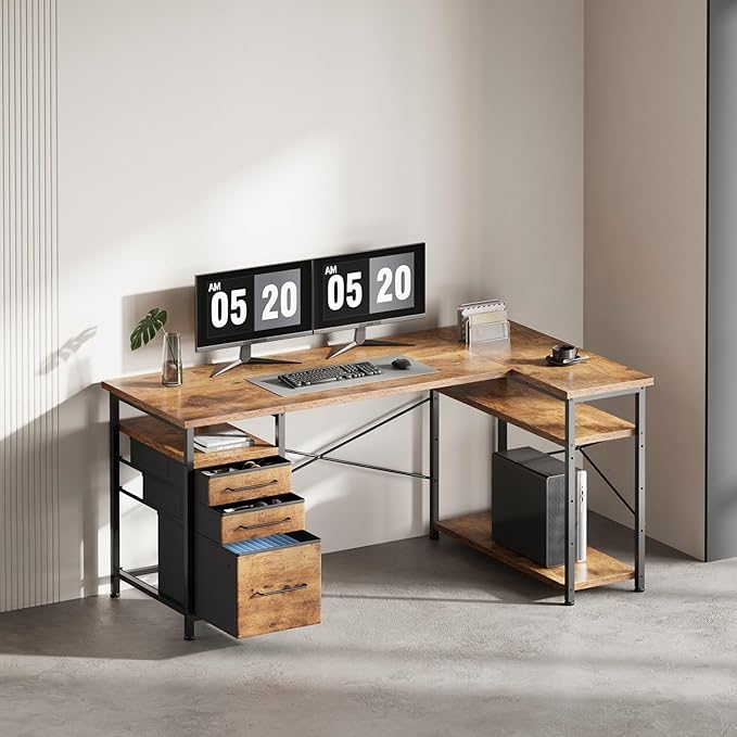 55" Computer Desk with Drawers, Desks for Bedrooms, Writing Desk with Storage, Work Desk for Small Space, Rustic Brown